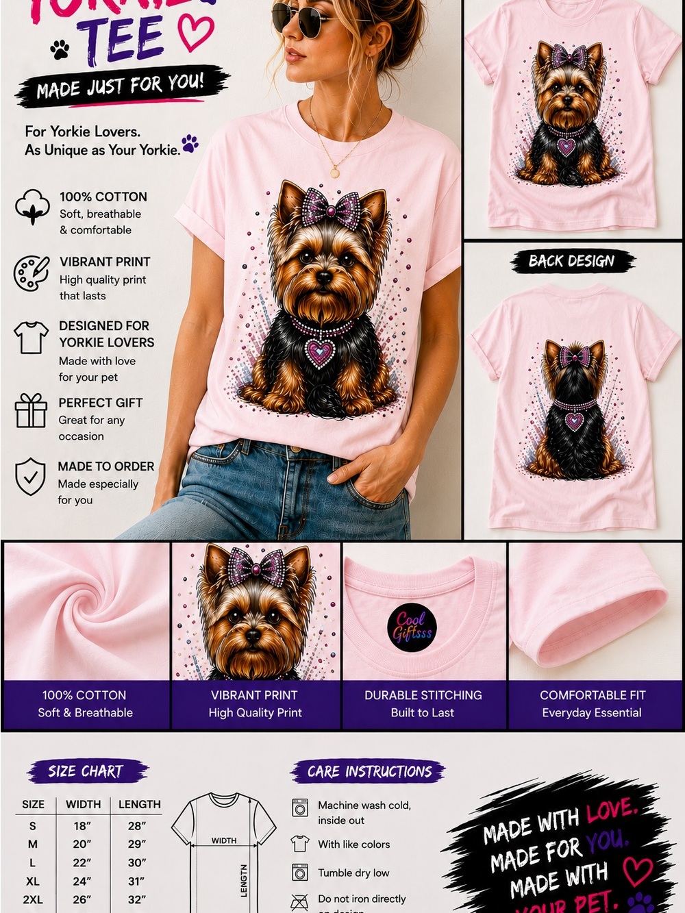 Yorkie Graphic Short Sleeve Tee spoil faux rhinestones S M L XL - Picture 2 of 11